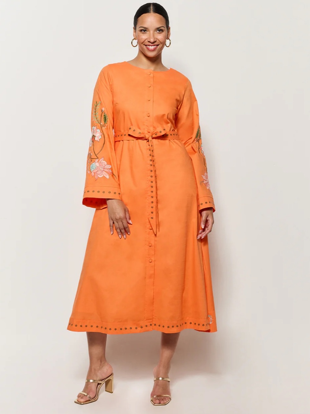 Fanm Mon Lagos Midi Dress Small NWT Floral Embroidered Long Bell Sleeve Orange